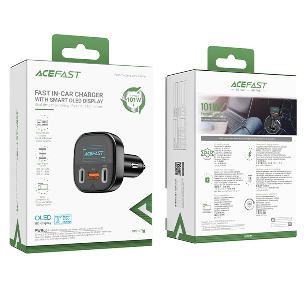 Acefast - Car Charger (B5) - Fast Charging, OLED Digital Display, 2x Type-C, USB, 101W, Zinc Alloy - Black