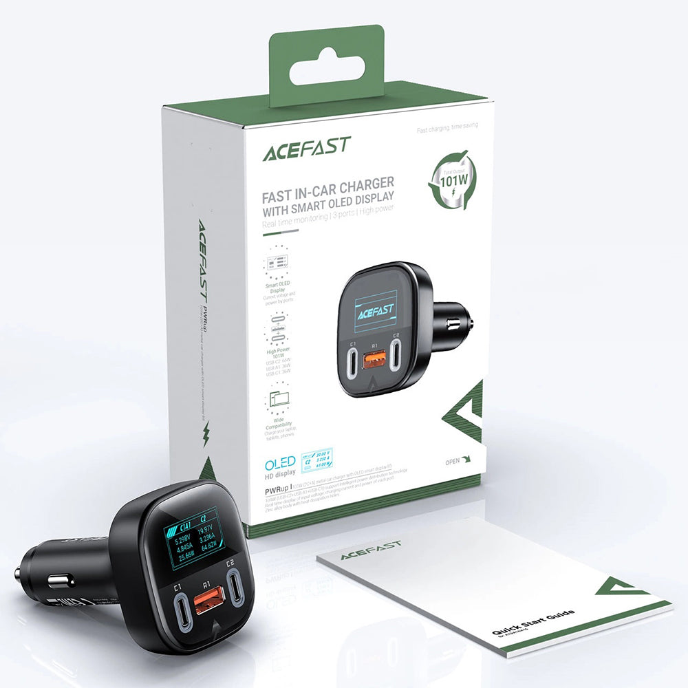 Acefast - Car Charger (B5) - Fast Charging, OLED Digital Display, 2x Type-C, USB, 101W, Zinc Alloy - Black