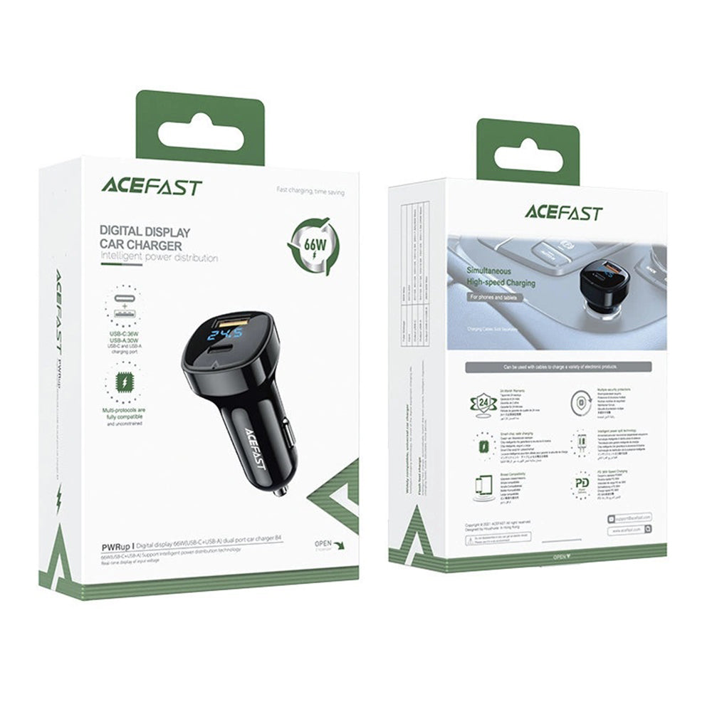 Acefast - Car Charger (B4) - with Digital Display, Fast Charging, USB, Type-C, 66W - Black