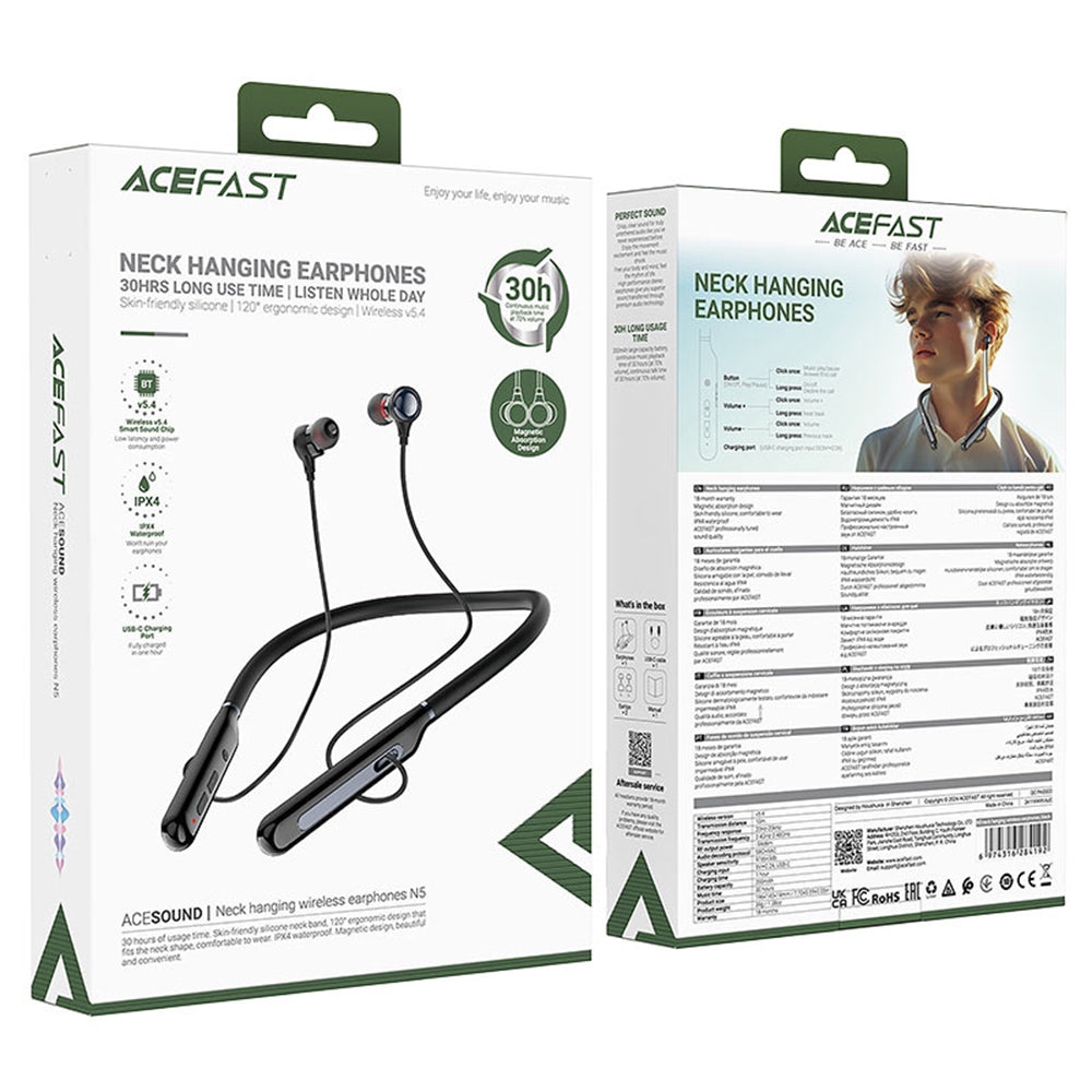Acefast - Bluetooth Earphones (N5) - Behind the Head, Neckband, Bluetooth 5.4, LED Display, IPX4, 200mAh - Black