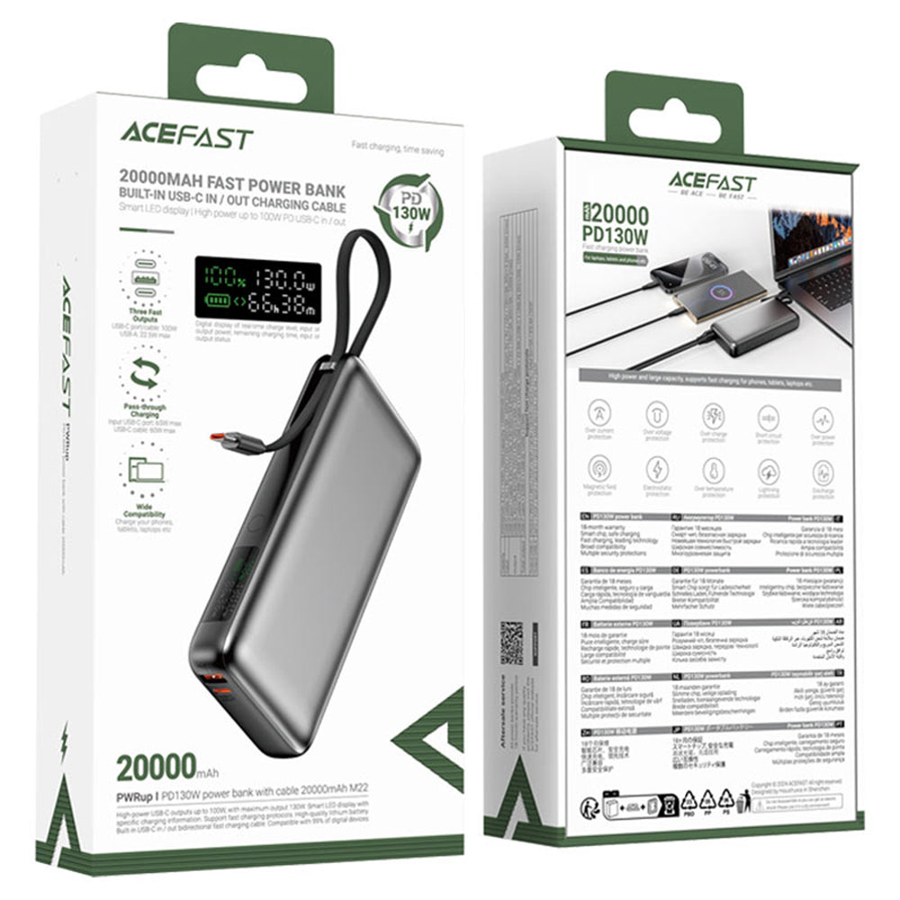 Acefast - Power Bank (M22-20000) - with Cable, Type-C, 20000mAh, 74Wh, PD130W, Two-Way Fast Charging, LED Display - Blac