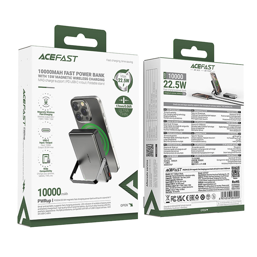 Acefast - Magnetic Wireless Power Bank (M17-10000) - Foldable Stand, USB-C Port, 10000mAh, 22.5W, LED Indicator - Black
