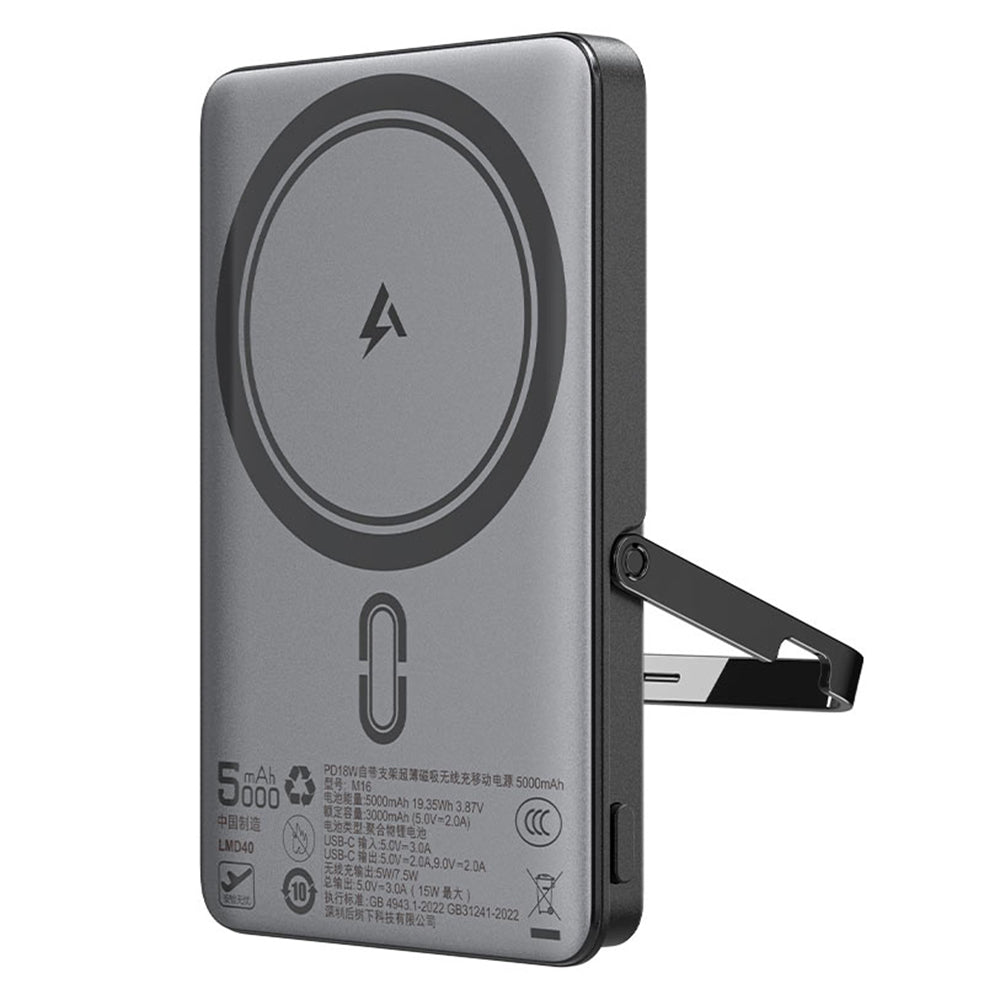 Acefast - Magnetic Wireless Power Bank (M16-5000) - with Foldable Stand, USB-C Port, 5000mAh, PD18W, LED Indicator - Bla