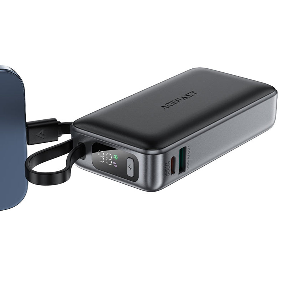 Acefast - Power Bank (M7-10000) - with Type-C Cable, USB-C, USB, 10000mAh, 30W, Digital Display, Dirt-resistant - Black