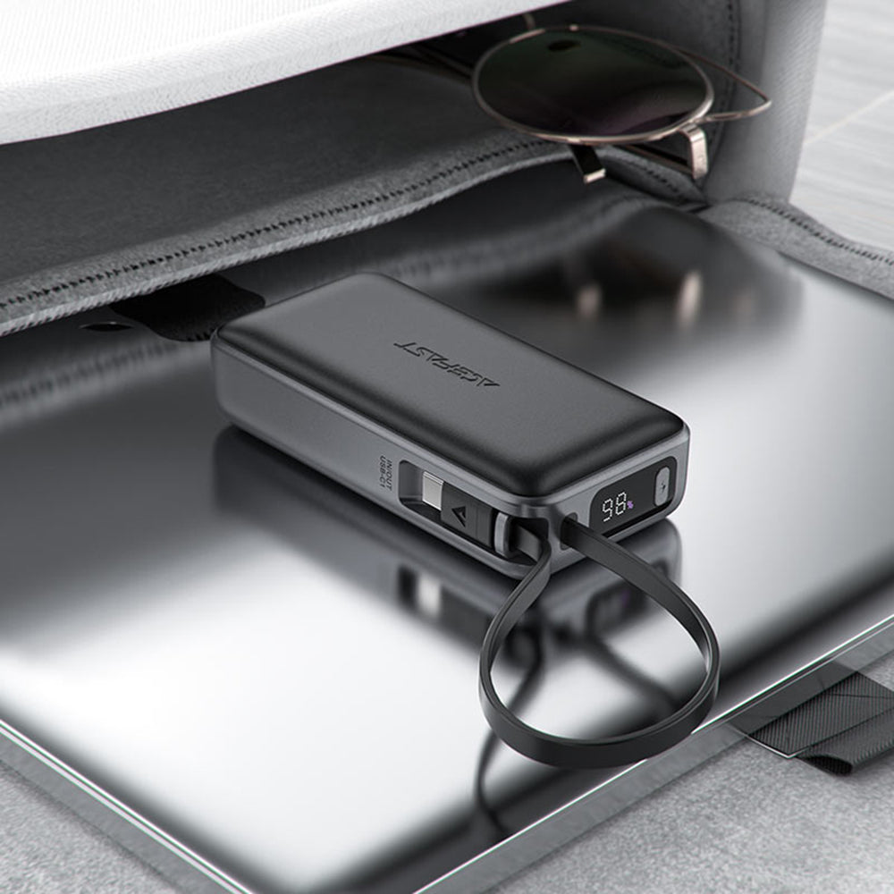 Acefast - Power Bank (M7-10000) - with Type-C Cable, USB-C, USB, 10000mAh, 30W, Digital Display, Dirt-resistant - Black