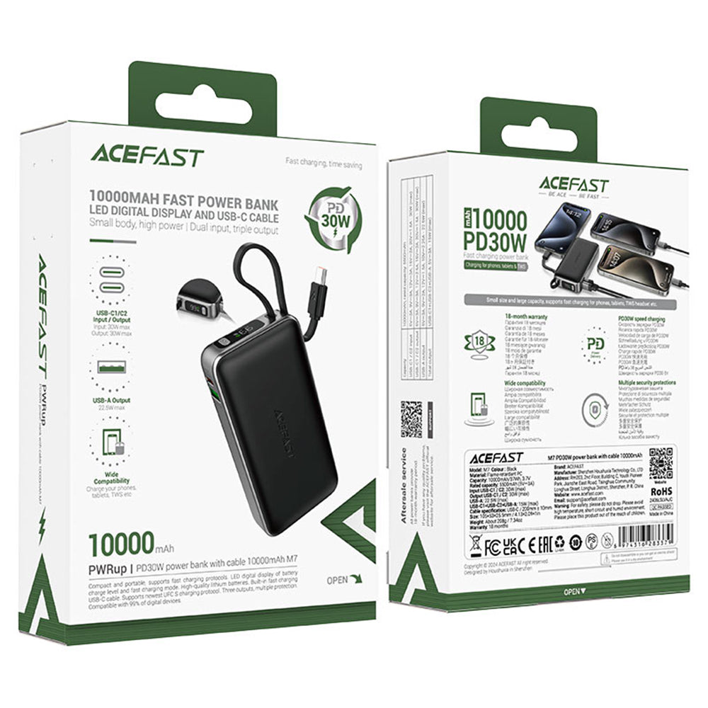 Acefast - Power Bank (M7-10000) - with Type-C Cable, USB-C, USB, 10000mAh, 30W, Digital Display, Dirt-resistant - Black