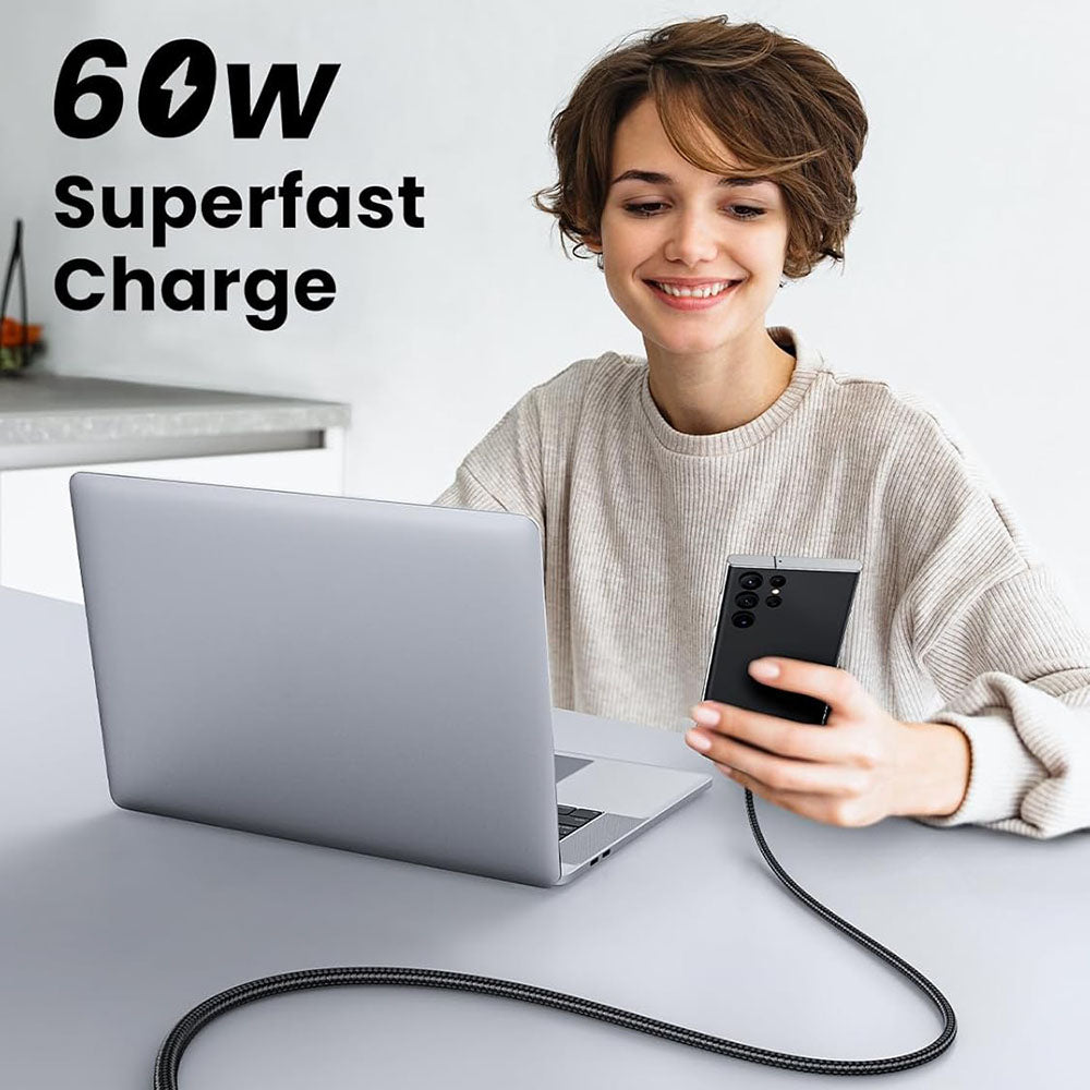 Ugreen - Data Cable US567 (15373) - USB-C to USB-C, 3A, 60W, 1m, Nylon - Black Gray