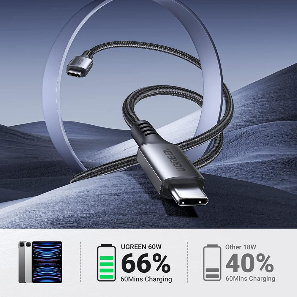 Ugreen - Data Cable US567 (15373) - USB-C to USB-C, 3A, 60W, 1m, Nylon - Black Gray