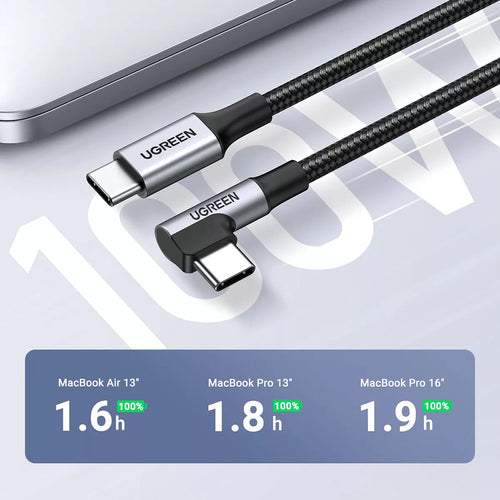 Ugreen - Data Cable US334 (70643) - USB-C to USB-C 90 Degree Cable, Fast Charging 5A, 100W, 1m, Nylon - Space Gray