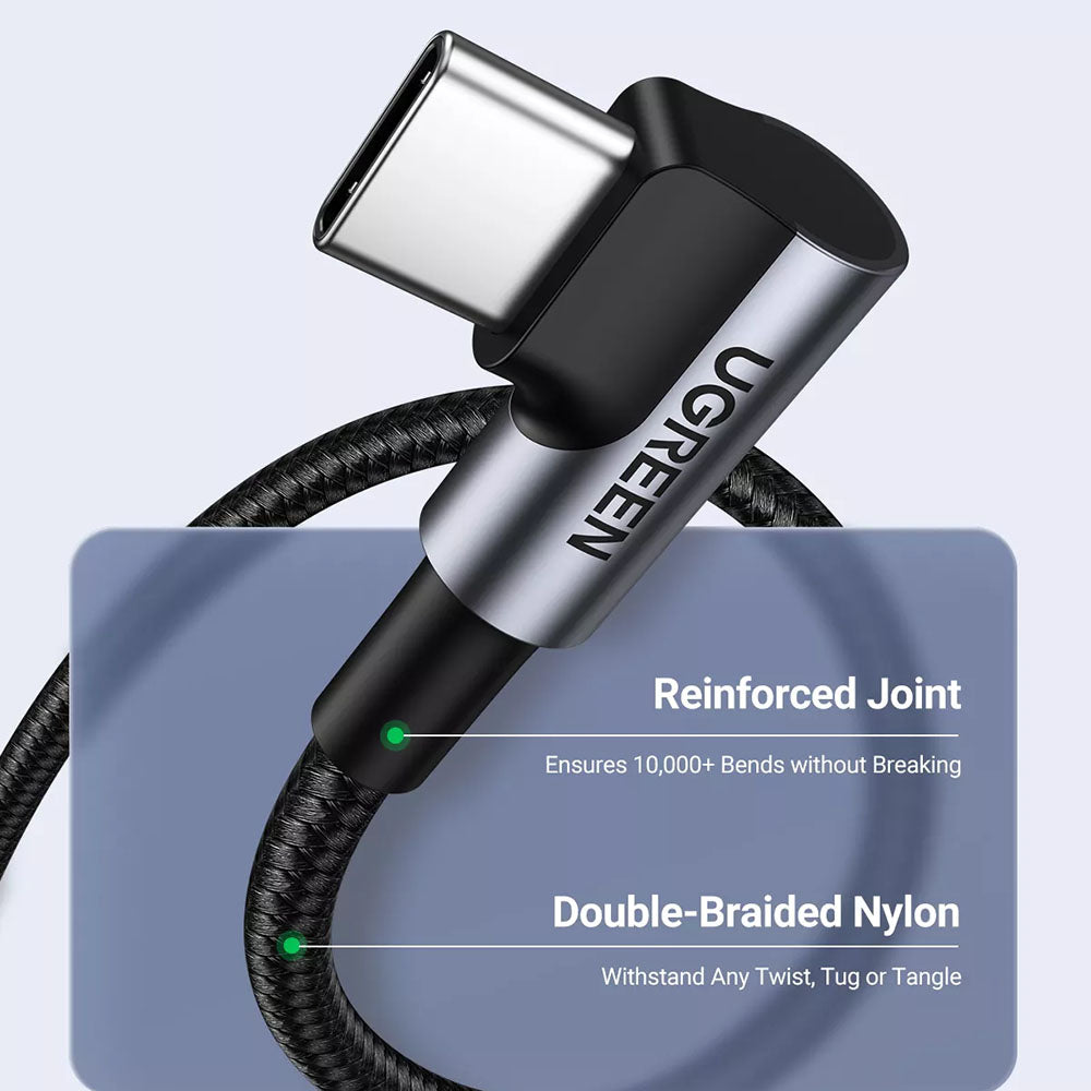 Ugreen - Data Cable US334 (70643) - USB-C to USB-C 90 Degree Cable, Fast Charging 5A, 100W, 1m, Nylon - Space Gray
