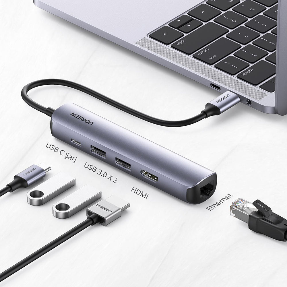 Ugreen - Docking Station CM418 (10919) - Type-C to 2x USB3.0, HDMI 4K@60Hz, RJ45 Gigabit, Type-C PD100W, 5Gbps - Gray