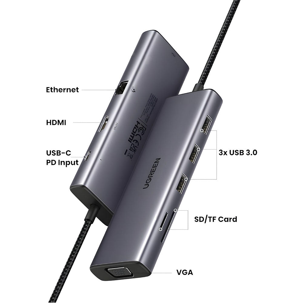 Ugreen - Docking Station CM498 (15600) - Type-C to 3x USB3.0, HDMI 4K@30Hz, VGA, RJ45, SD/TF Card, Type-C PD100W - Gray