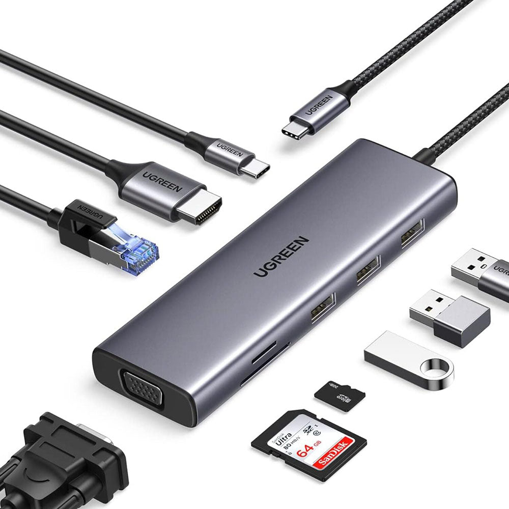 Ugreen - Docking Station CM498 (15600) - Type-C to 3x USB3.0, HDMI 4K@30Hz, VGA, RJ45, SD/TF Card, Type-C PD100W - Gray