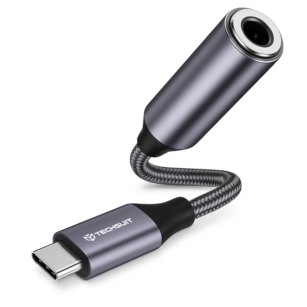 Techsuit - Premium Cable Adapter MusicDoX (AC8) - Type-C to Jack, Hi-Fi Sound, DAC Chip, 3A, 0.1m - Gray