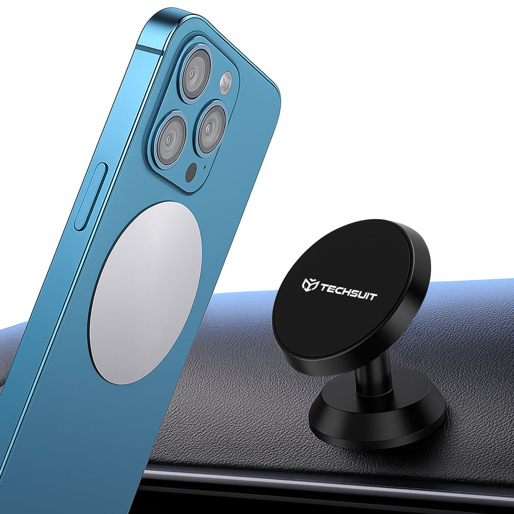 Techsuit - Car Holder TinyGrip (S10) - Universal Magnetic Mobile Mount, with Metal Plate, Strong Magnet - Black