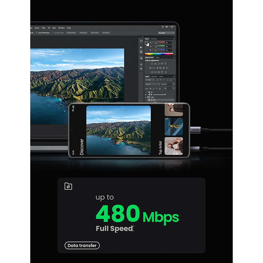 Ugreen - Data Cable US288 (60128) - USB to Type-C, Fast Charging, 3A, 18W, 480Mbps, Nylon Braided, 2m - Space Gray