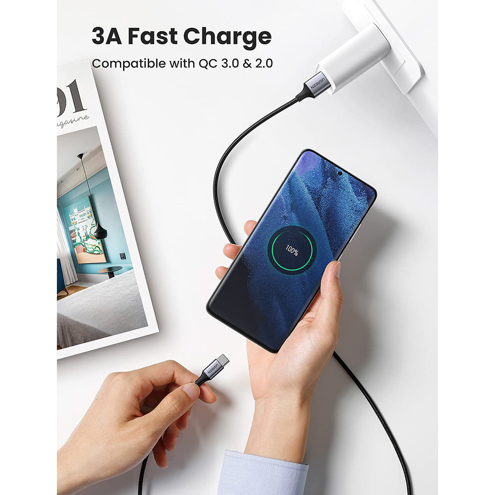Ugreen - Data Cable US288 (60128) - USB to Type-C, Fast Charging, 3A, 18W, 480Mbps, Nylon Braided, 2m - Space Gray