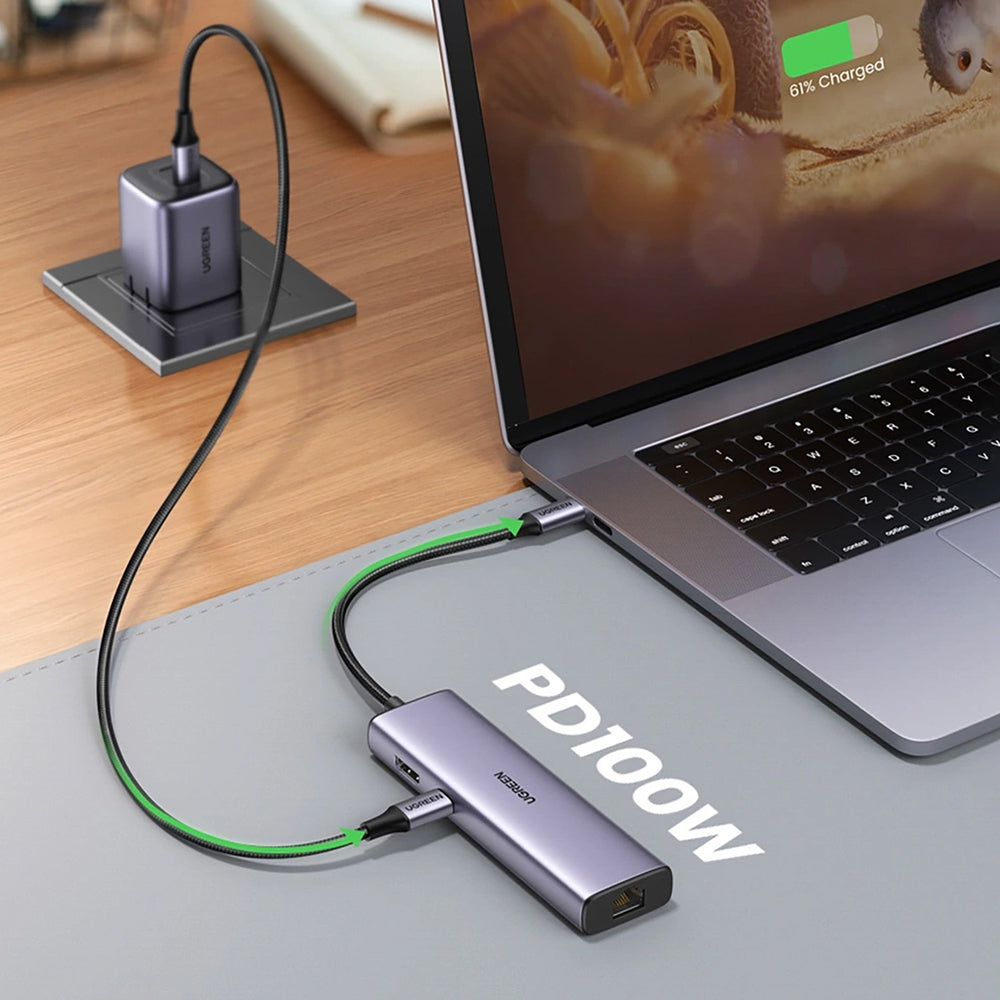 Ugreen - Docking Station CM512 (90568) - Type-C to Type-C, 2x USB, HDMI 4K@30Hz, RJ45, SD/TF Card, 5Gbps, PD100W - Gray