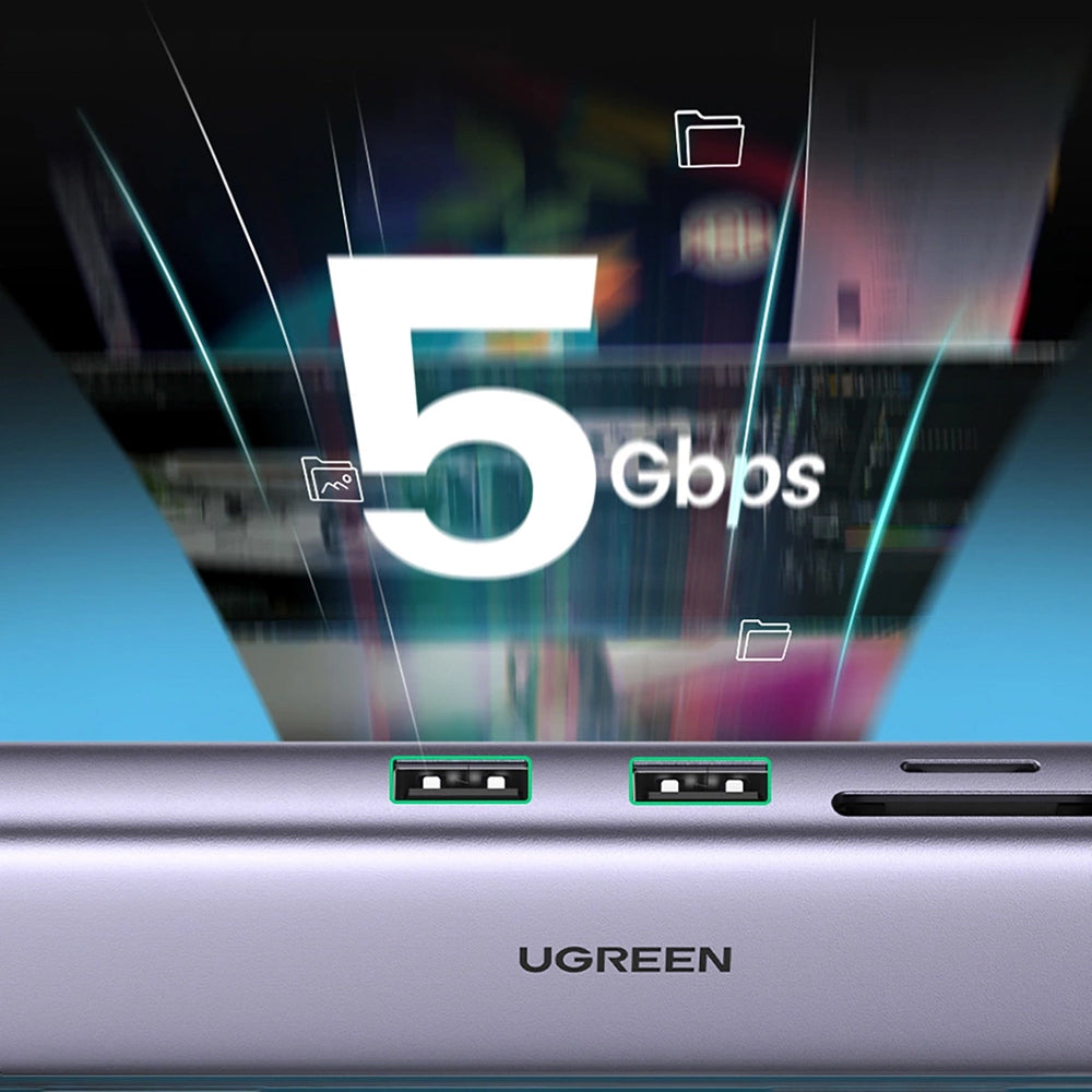 Ugreen - Docking Station CM512 (90568) - Type-C to Type-C, 2x USB, HDMI 4K@30Hz, RJ45, SD/TF Card, 5Gbps, PD100W - Gray