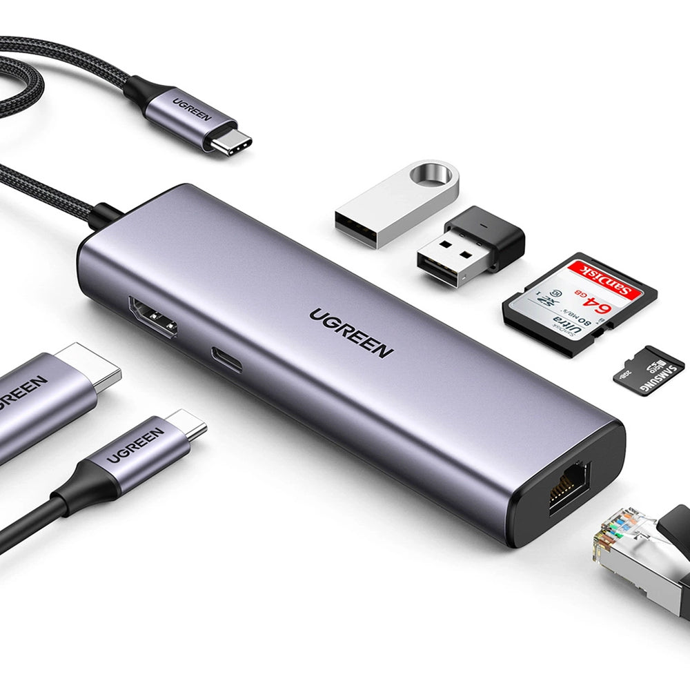 Ugreen - Docking Station CM512 (90568) - Type-C to Type-C, 2x USB, HDMI 4K@30Hz, RJ45, SD/TF Card, 5Gbps, PD100W - Gray