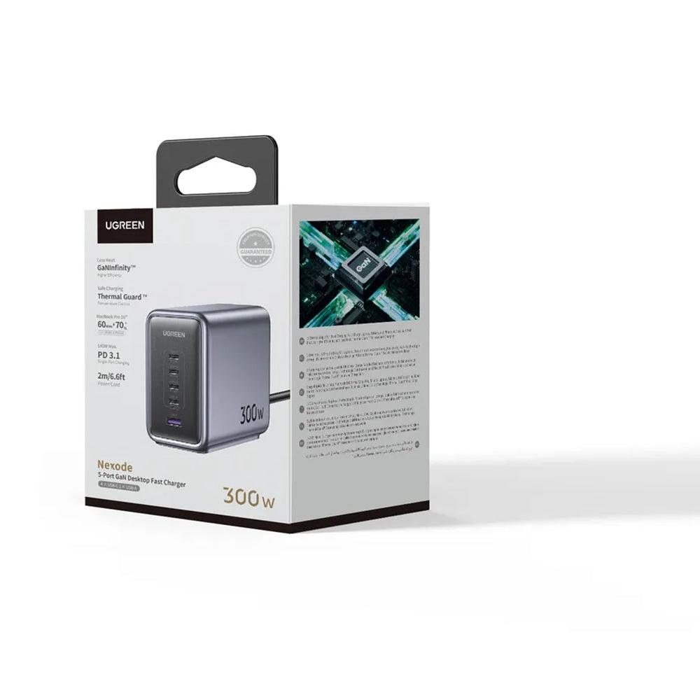 Ugreen - Wall Charger Nexode CD333 (90903B) - with Cable, Super Fast Charge, GaN, 5in1, USB, 4x Type-C, 300W, 5A, 2m - G