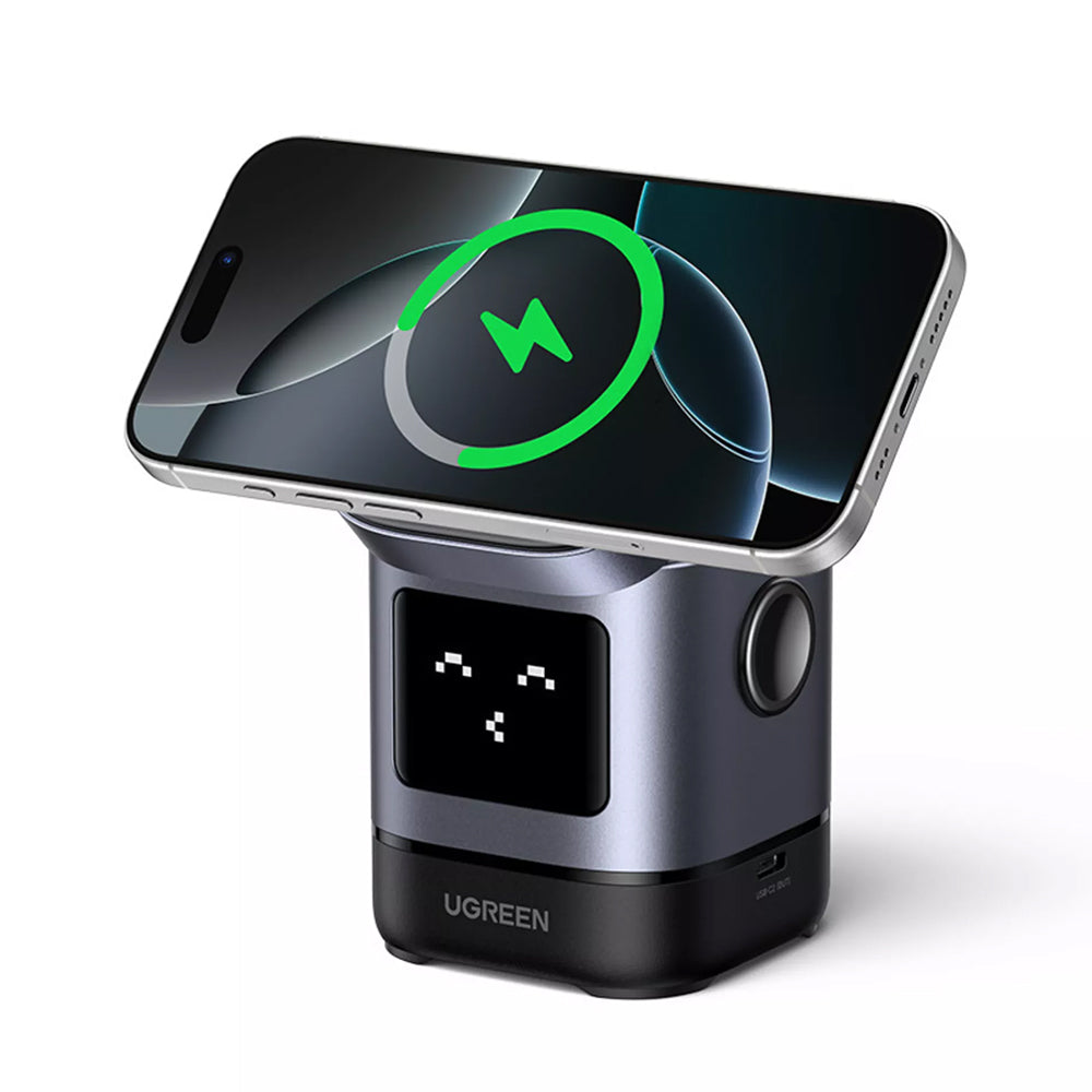 Ugreen - Wireless Charger W709 (45775) - 2in1, with Smart Display, Funny Emoji, for iPhone, AirPods, USB-C, 25W - Black