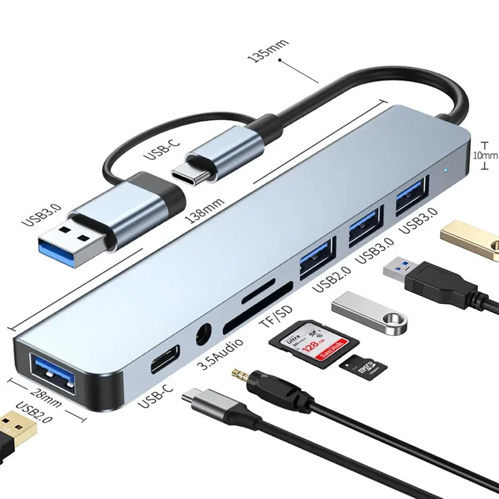 Techsuit - Docking Station DataBridge 8 in 1 (H9) - USB, Type-C to 4x USB, Type-C, 3.5mm Jack, TF/SD Card - Gray