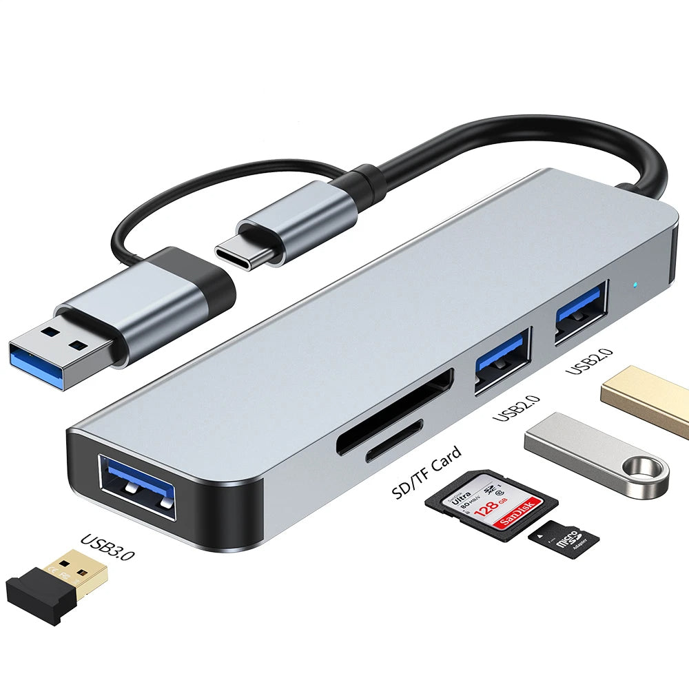Techsuit - Docking Station DataBridge 5 in 1 (H7) - USB, Type-C to USB 3.0, 2x USB 2.0, SD/TF Card - Gray