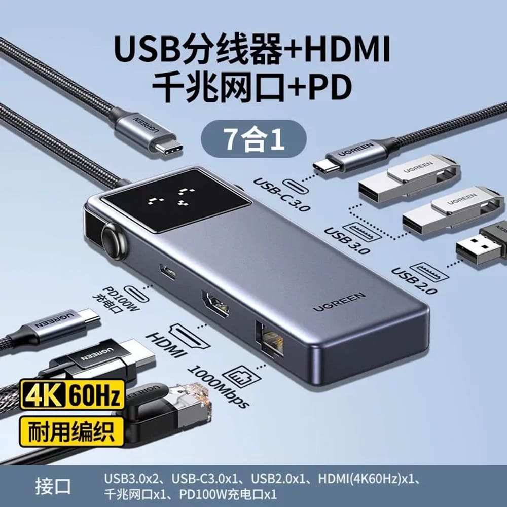 Ugreen - Docking Station CM888 (45155) - Type-C to 2x USB3.0, 1x USB2.0, 2x Type-C, 1x HDMI 4K, 1x RJ45 1000Mbps, PD100W