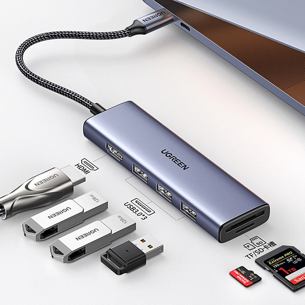Ugreen - Docking Station CM511 (20956A) - Type-C to 3x USB3.0, HDMI 4K, 5Gbps, Card reader SD/TF, 104MB/s - Gray