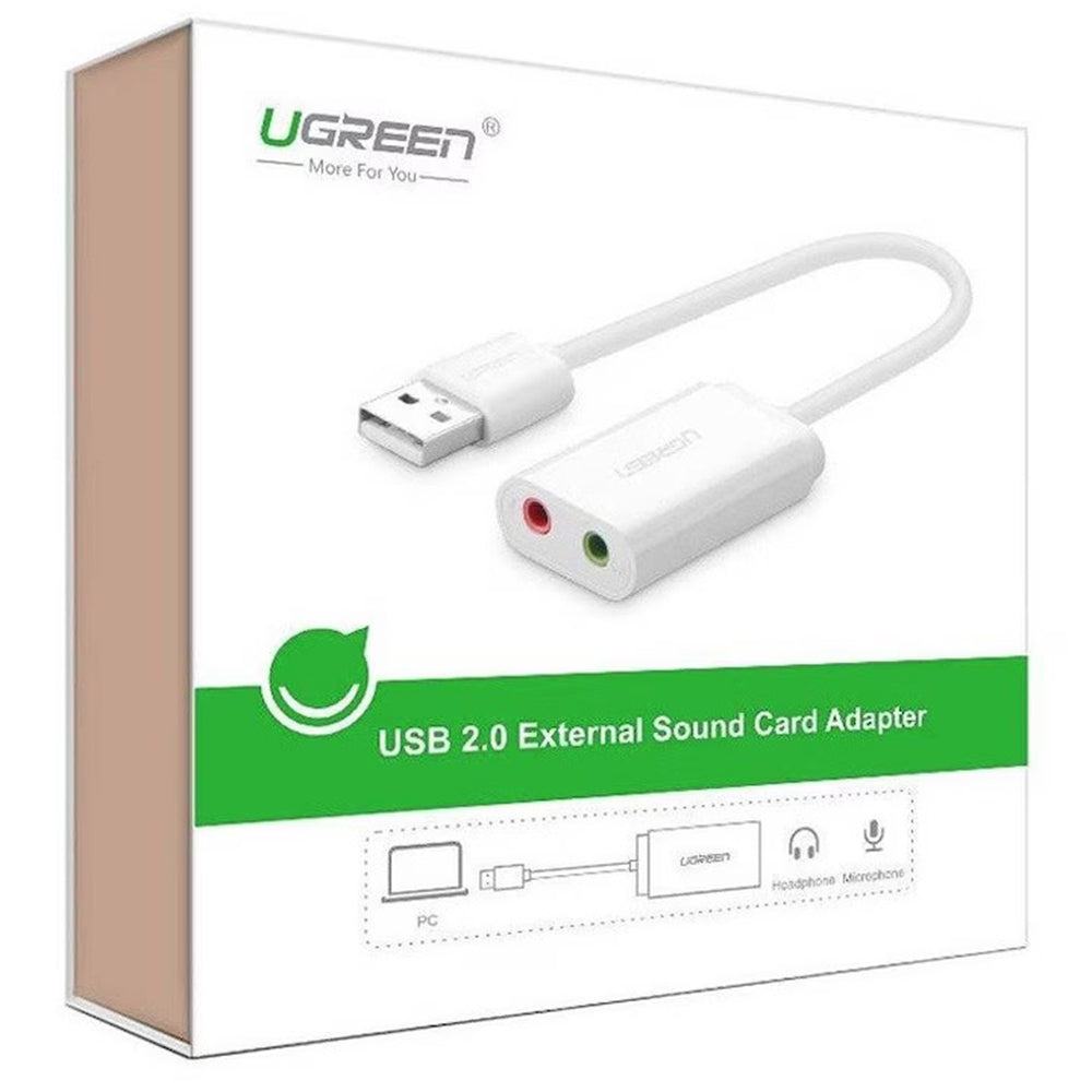 Ugreen - External Sound Adapter US205 (30143) - USB to 2x Jack, Plug & Play, Windows, Mac OS, Linux, 15cm - White