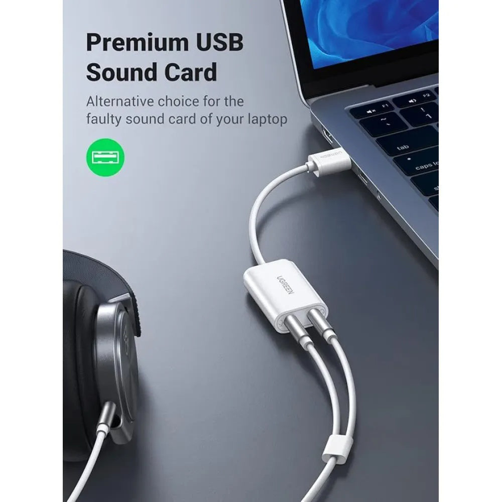 Ugreen - External Sound Adapter US205 (30143) - USB to 2x Jack, Plug & Play, Windows, Mac OS, Linux, 15cm - White