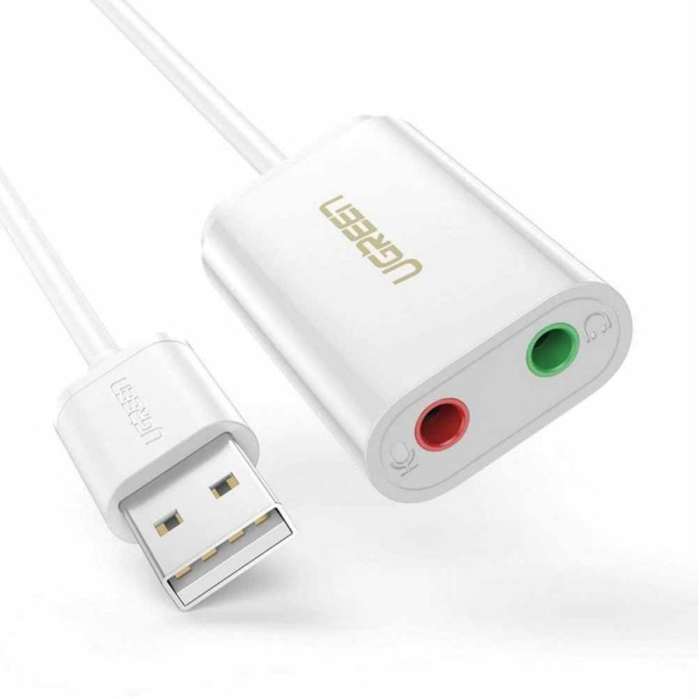 Ugreen - External Sound Adapter US205 (30143) - USB to 2x Jack, Plug & Play, Windows, Mac OS, Linux, 15cm - White