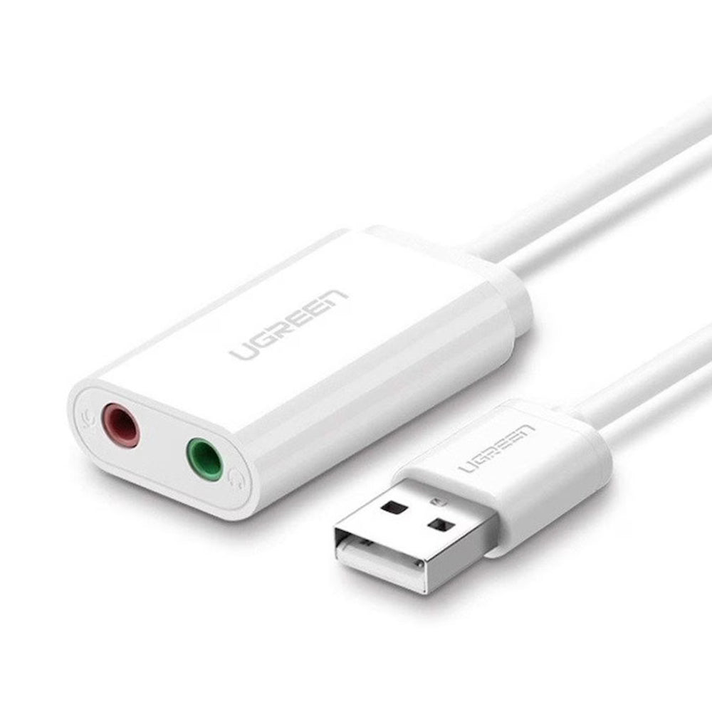 Ugreen - External Sound Adapter US205 (30143) - USB to 2x Jack, Plug & Play, Windows, Mac OS, Linux, 15cm - White