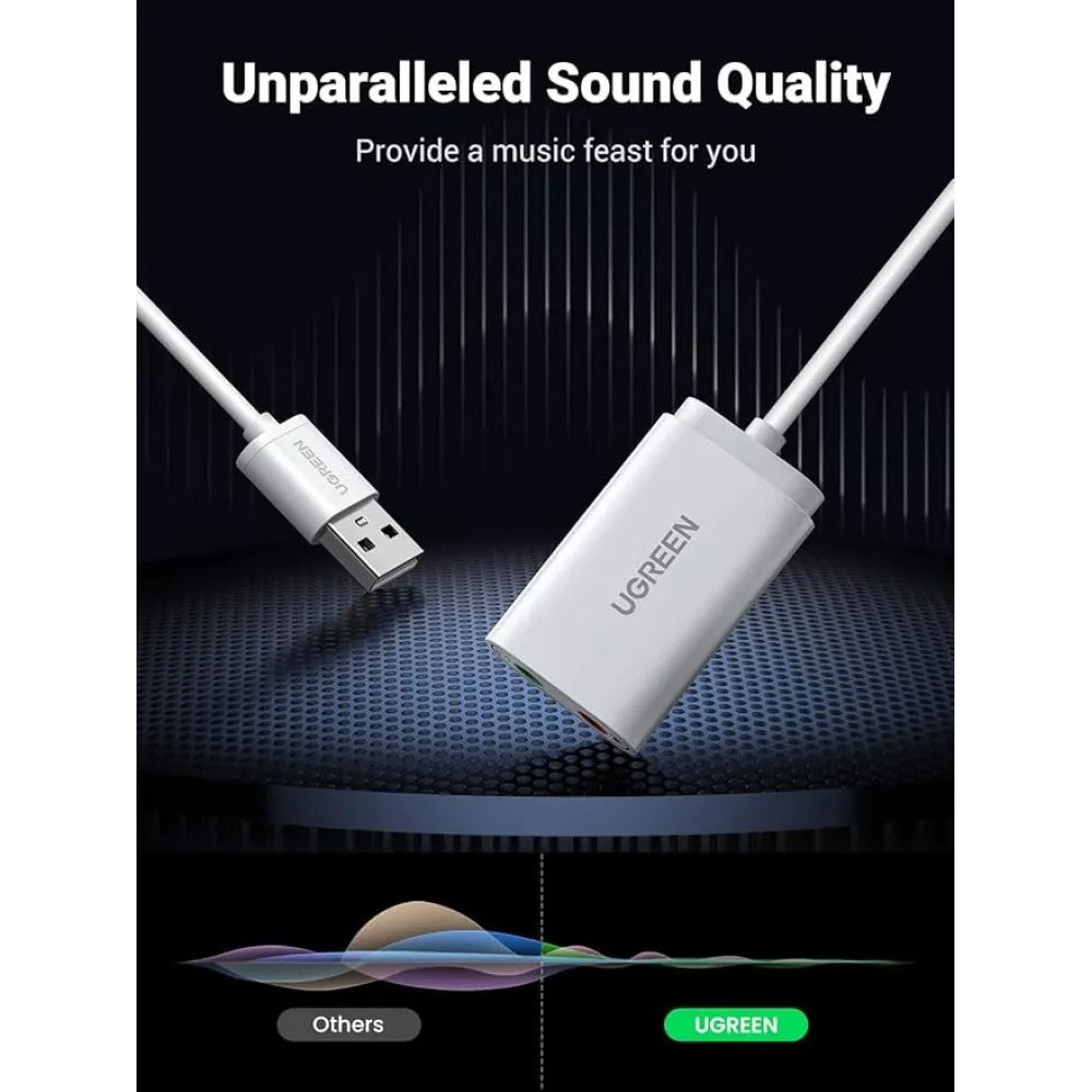 Ugreen - External Sound Adapter US205 (30143) - USB to 2x Jack, Plug & Play, Windows, Mac OS, Linux, 15cm - White