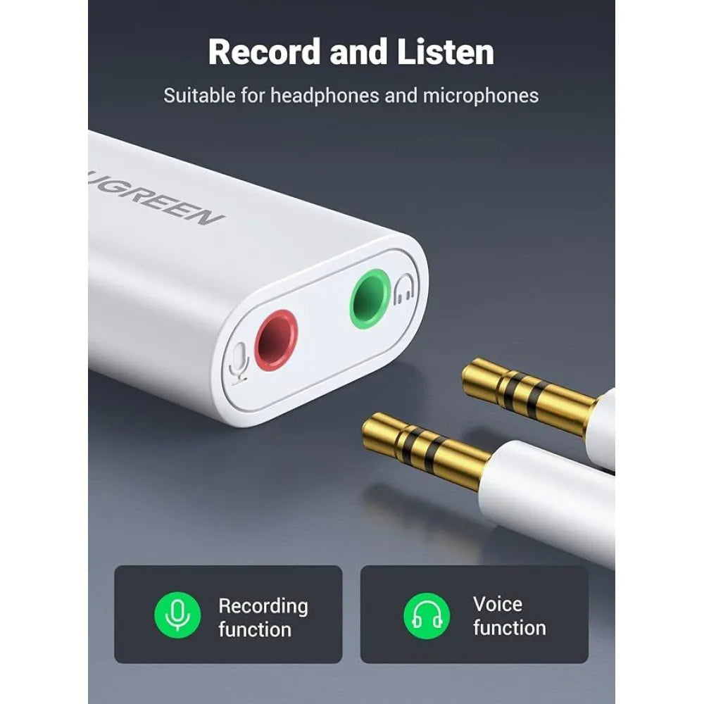 Ugreen - External Sound Adapter US205 (30143) - USB to 2x Jack, Plug & Play, Windows, Mac OS, Linux, 15cm - White