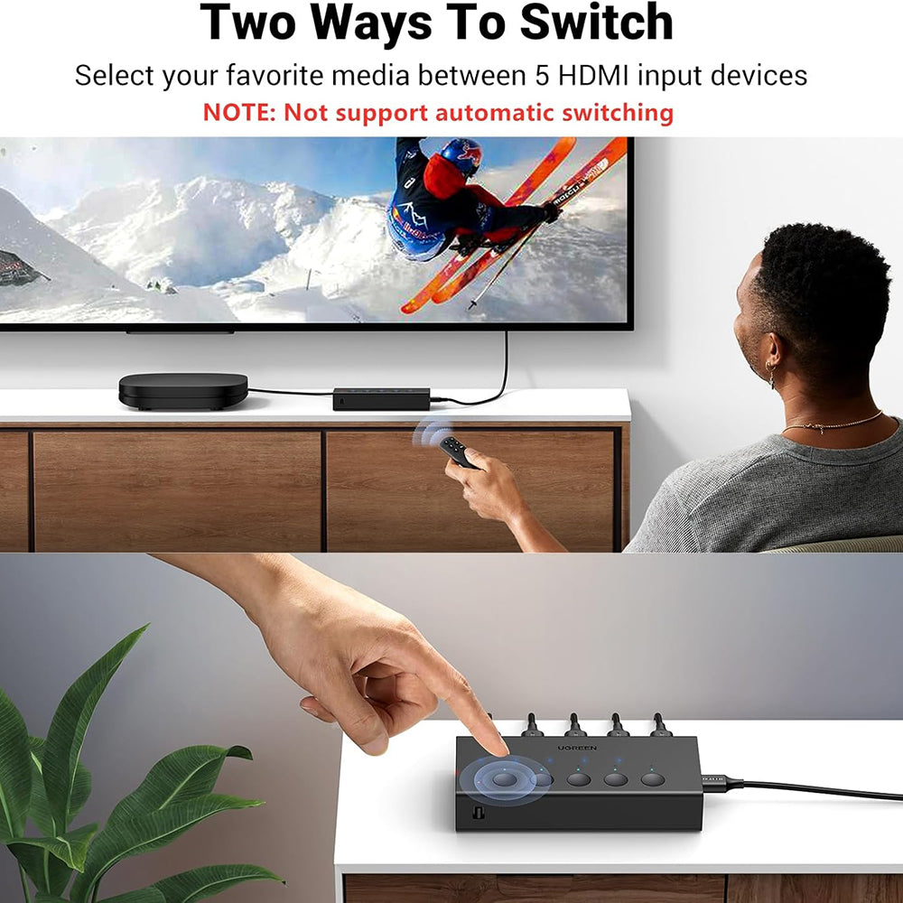 Ugreen - KVM Switch CM568 (90512) - 5x HDMI, IR to HDMI 4K@60Hz, RGB Video, Supports 3D, Remote Control, LPCM2.0 - Black