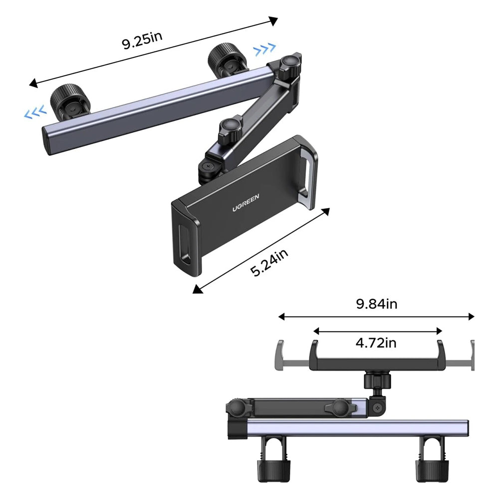 Ugreen - Car Holder LP904 (55443) - for Headrest, Dual Telescopic Arm, 360° Rotation, for Phone, Tablet up to 9.84" - Bl