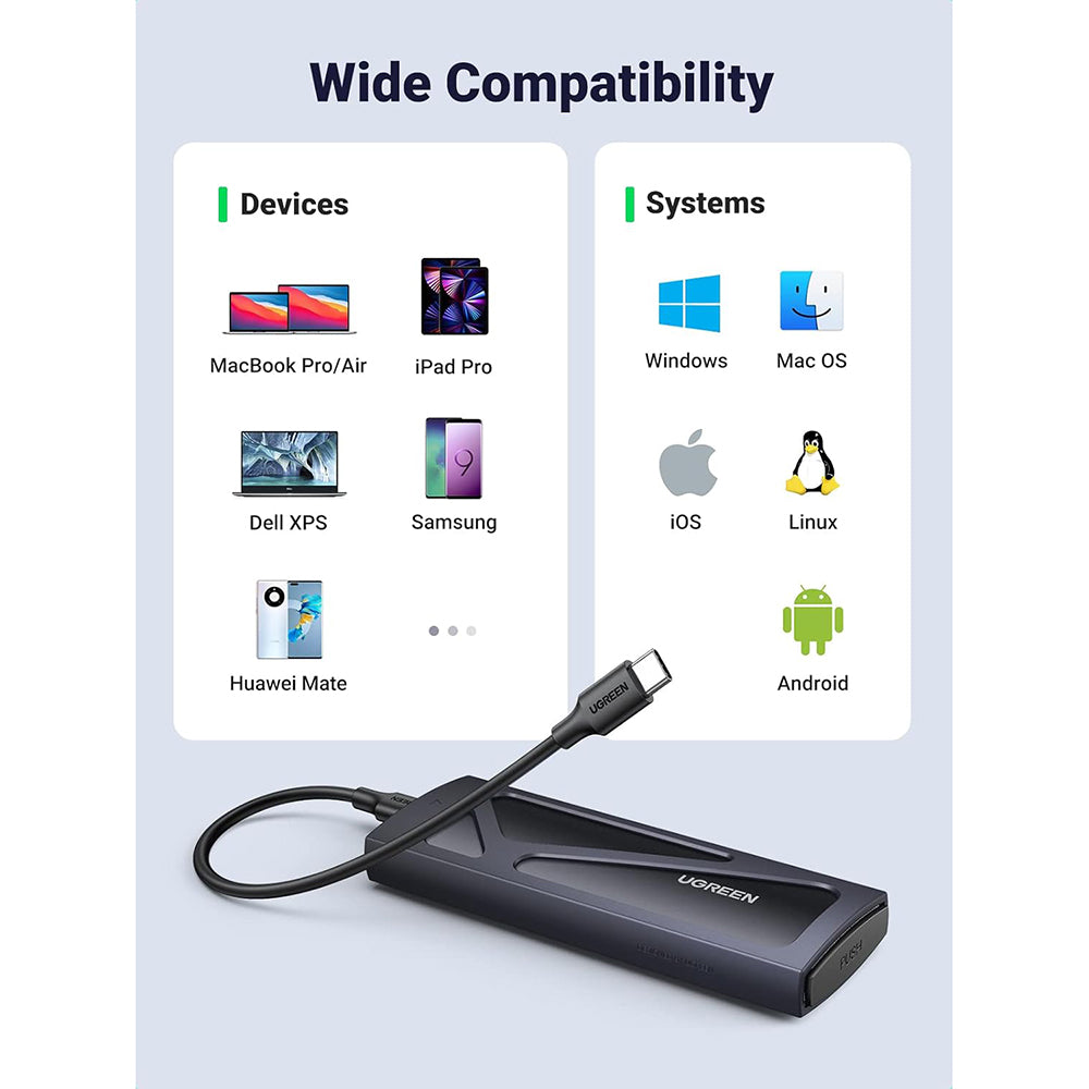 Ugreen - Hard Drive Enclosure CM578 (15512) - M.2 NVMe SSD, 10Gbps, 2TB, with 2x Type-C Cable - Dark Blue