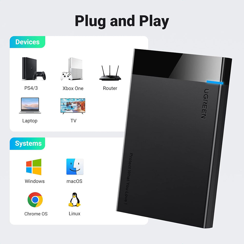 Ugreen - Hard Drive Enclosure US221 (30848) - USB to Micro-B Cable Included, HDD/SSD Rack, SATA, 5Gbps - Black