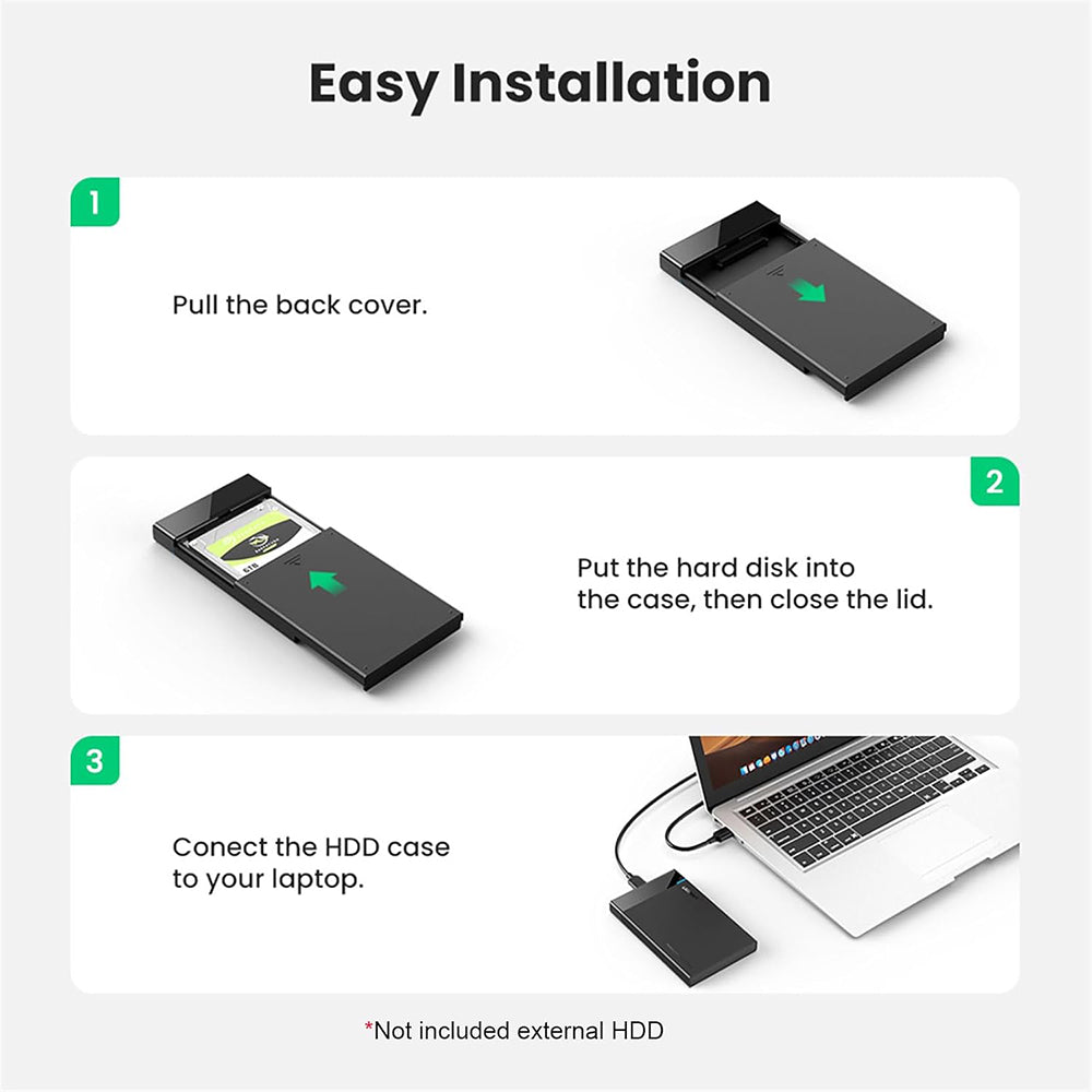 Ugreen - Hard Drive Enclosure US221 (30848) - USB to Micro-B Cable Included, HDD/SSD Rack, SATA, 5Gbps - Black