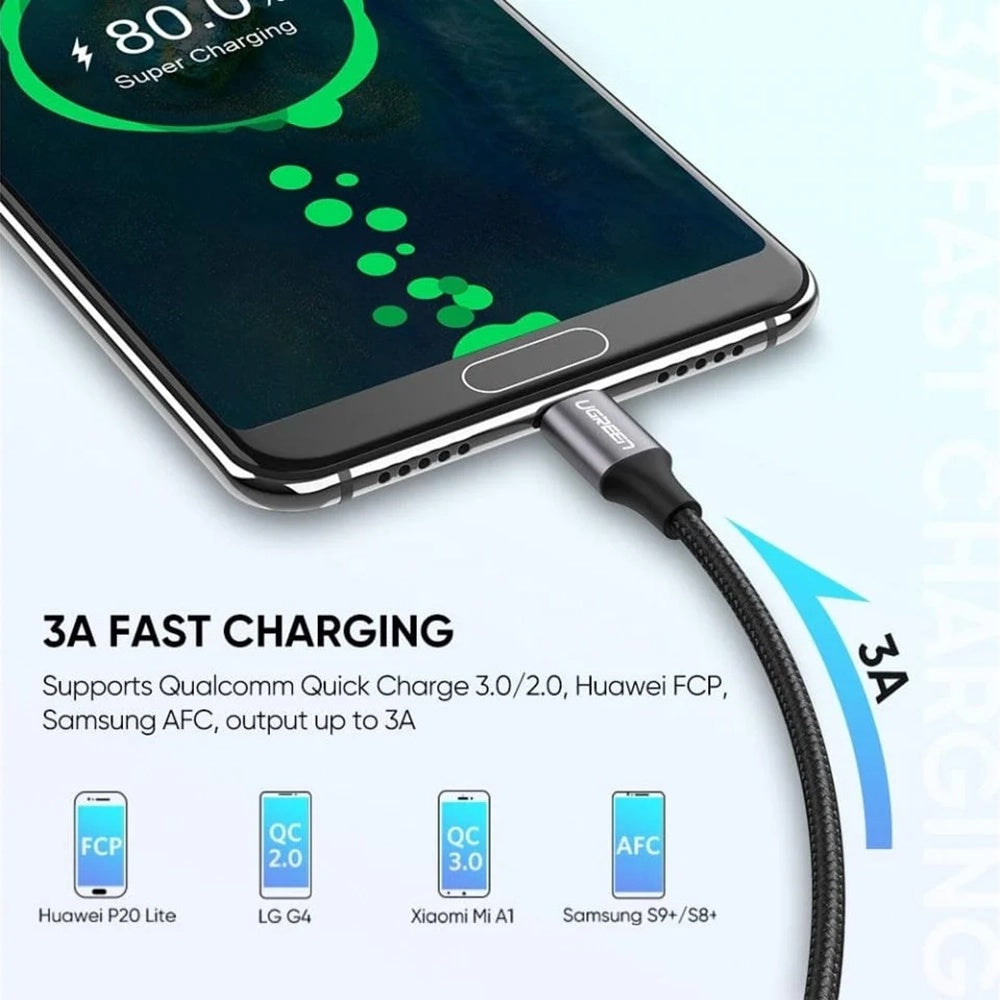 Ugreen - Data Cable US288 (60133) - USB to Type-C, Fast Charging, 3A, 18W, 480Mbps, Nylon Braided, 2m - Silvery White