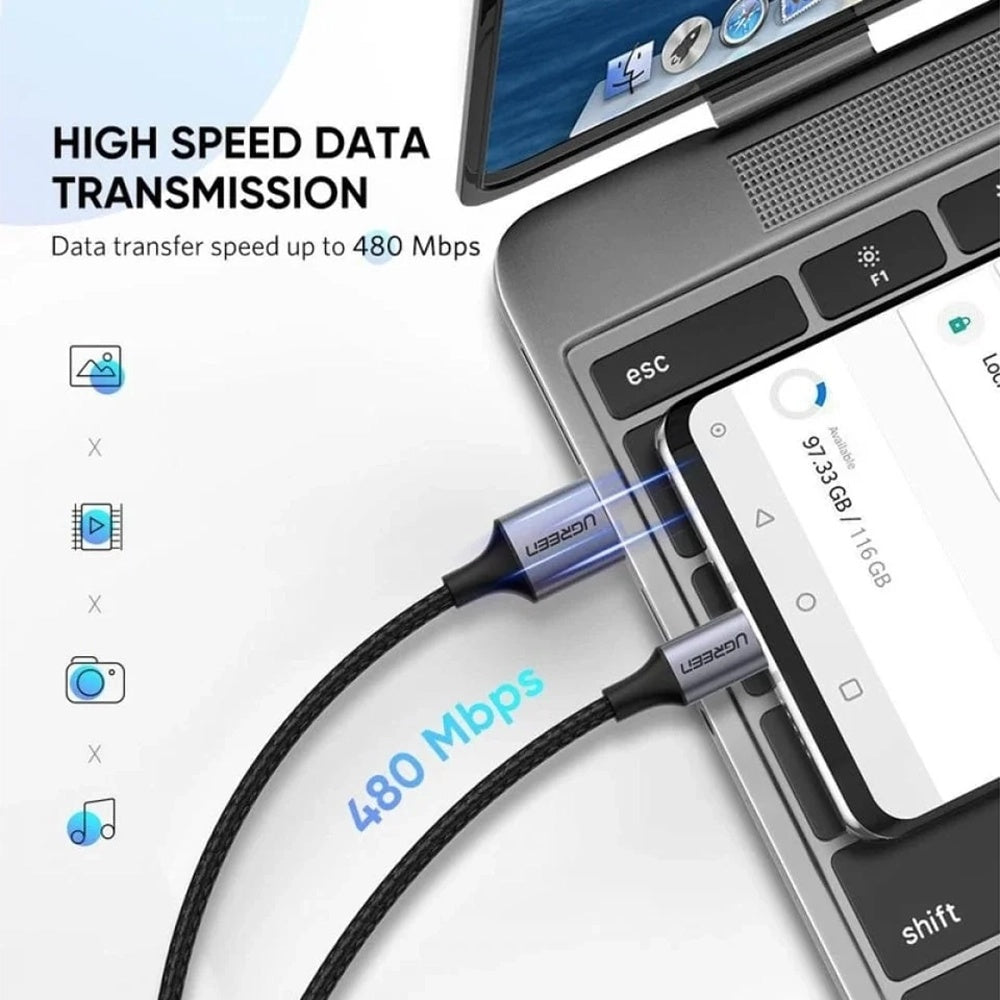 Ugreen - Data Cable US288 (60133) - USB to Type-C, Fast Charging, 3A, 18W, 480Mbps, Nylon Braided, 2m - Silvery White