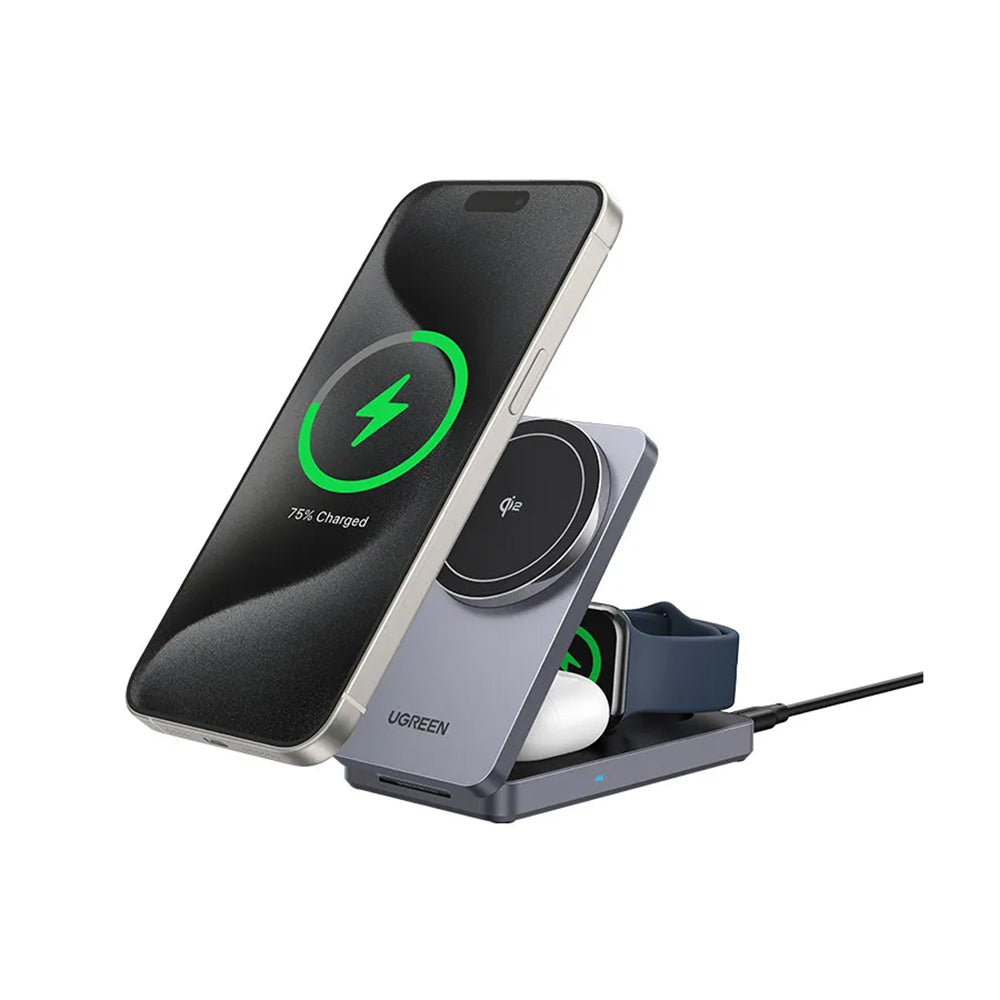 Ugreen - Wireless Charging Station W707 (45025) - with Wall Charger, for Apple Watch, iPhone, Airpods, Qi2, 25W - Gray