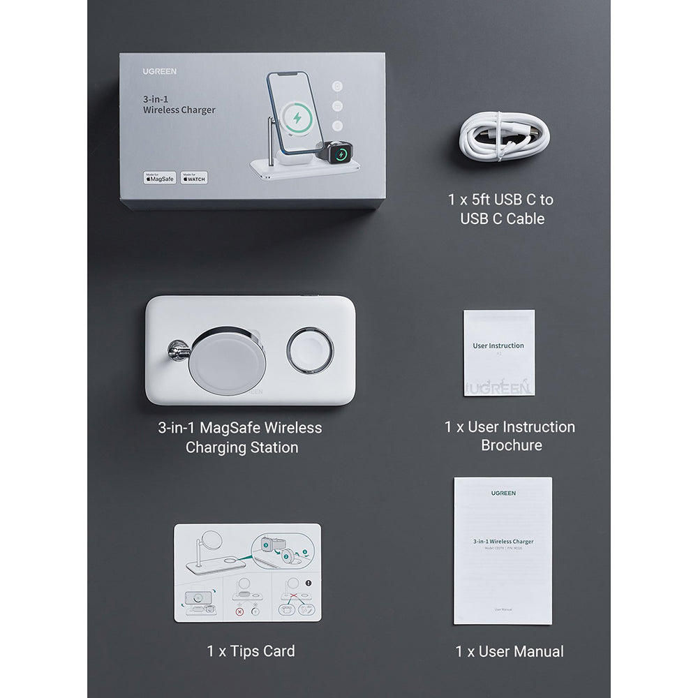 Ugreen - Wireless Charging Station CD278 (90326) - for iPhone, Apple Watch, AirPods, Qi2, 25W, MFi Certified - White