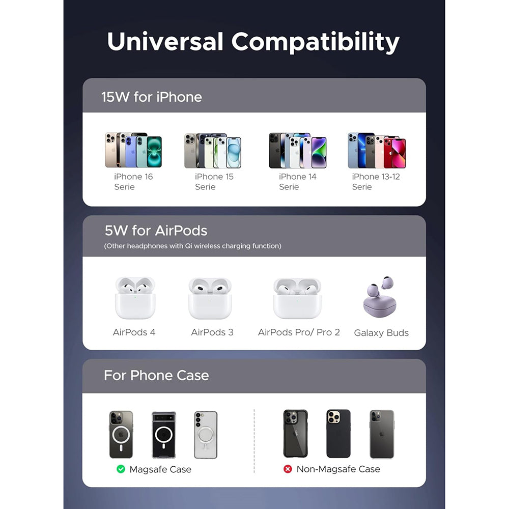 Ugreen - Wireless Charger W710 (45382) - MagSafe-Compatible, for iPhone, AirPods, with Type-C Cable, Qi2, 20W - Black