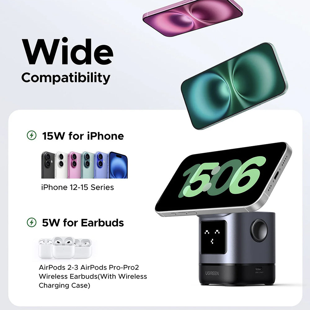 Ugreen - Wireless Charger W709 (45775) - 2in1, with Smart Display, Funny Emoji, for iPhone, AirPods, USB-C, 25W - Black