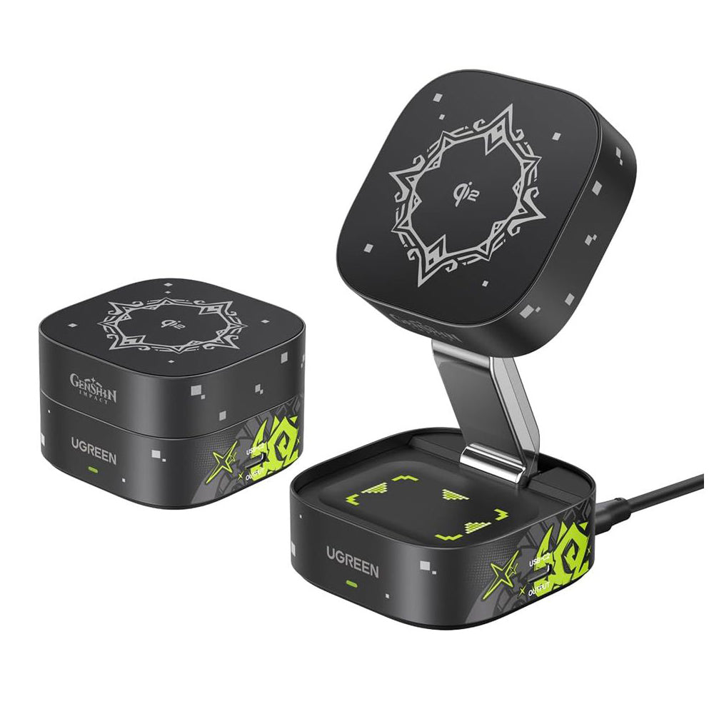 Ugreen - Wireless Charger Genshin Impact Ed.W702 (35316GI) - MagFlow, Qi2, 15W, 2x USB-C, Foldable, 3A, Cable, 1m - Blac