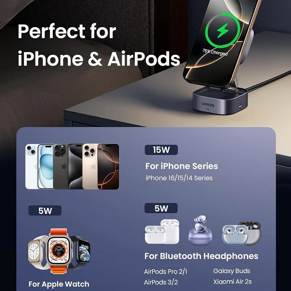 Ugreen - Wireless Charging Station W702 (35316) - with Cable, MagSafe, for iPhone, AirPods, USB-C, Foldable, 15W, 1m - B