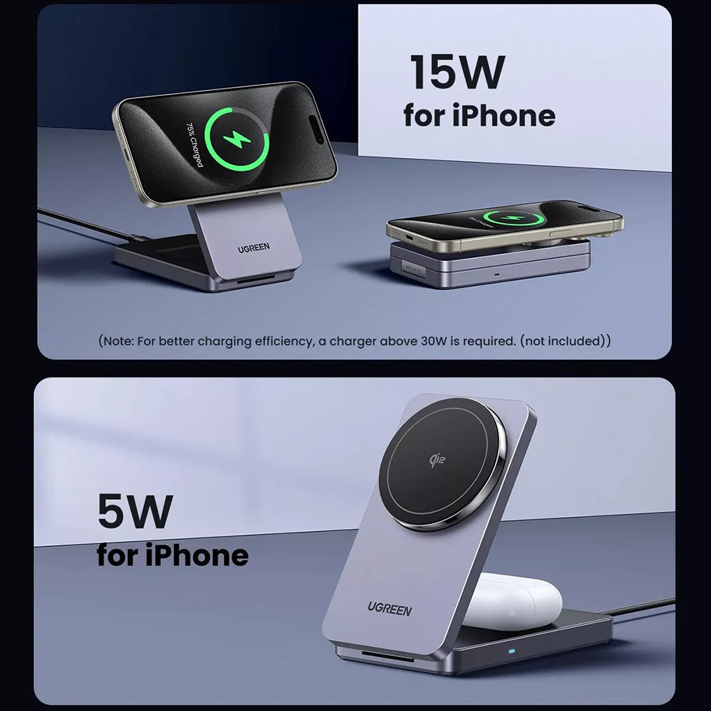Ugreen - Wireless Charger W706 (45057) - MagSafe, 2in1, for iPhone, AirPods, USB-C Cable, 20W, 3A, Qi2, MPP, 1m - White